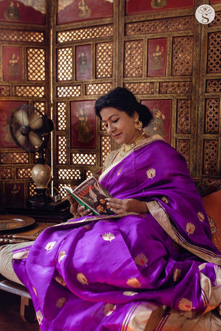 Chanderi Silk - Saree - Purple with Gold and Red motifs