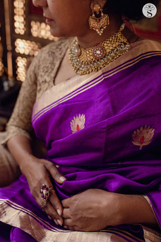 Chanderi Silk - Saree - Purple with Gold and Red motifs