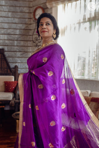 Chanderi Silk - Saree - Purple with Gold and Red motifs
