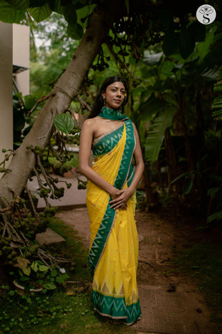 Chinnalampatti Ikat - Cotton - Lemon Yellow with Bottle Green