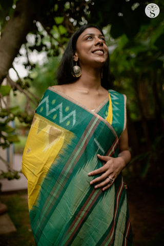 Chinnalampatti Ikat - Cotton - Lemon Yellow with Bottle Green