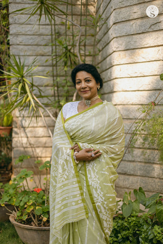 Bengal Cotton - Pastel Green with White Lines with Butta Jamdani
