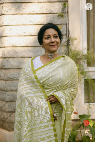 Bengal Cotton - Pastel Green with White Lines with Butta Jamdani