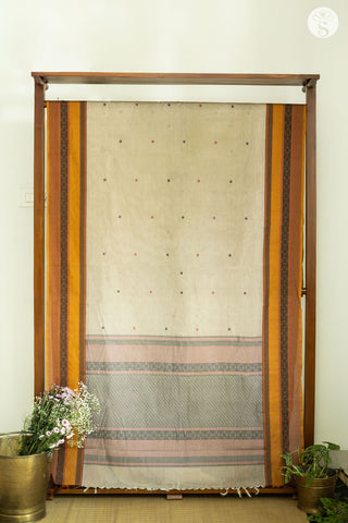 Cotton - Saree - Off White with Broad Orange Border with Black and Red thread work