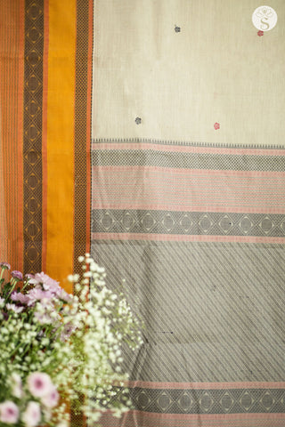 Cotton - Saree - Off White with Broad Orange Border with Black and Red thread work