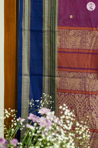 Cotton - Saree - Purple with Broad Neelam Blue and Green Border