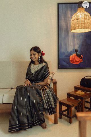 Chanderi Silk - Black and Grey stripes with Tree Motif