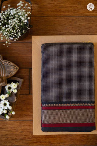 Cotton - Dark Blue with Beige Checks and Red/ Beige border
