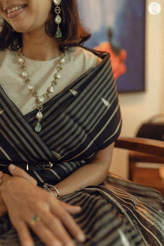 Chanderi Silk - Black and Grey stripes with Tree Motif