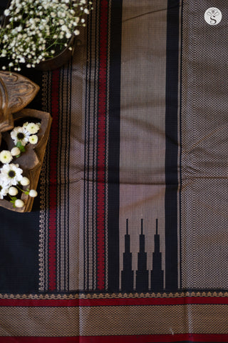 Cotton - Dark Blue with Beige Checks and Red/ Beige border