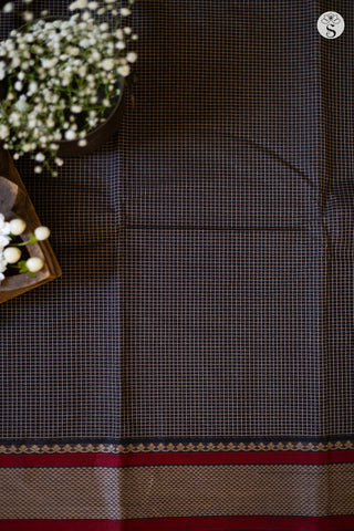 Cotton - Dark Blue with Beige Checks and Red/ Beige border