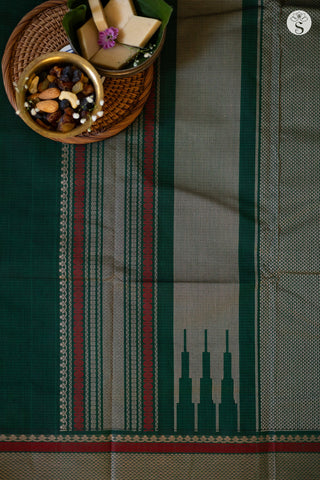 Cotton - Bottle Green with Beige Checks and Red/ Beige border