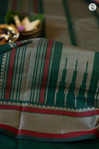 Cotton - Bottle Green with Beige Checks and Red/ Beige border