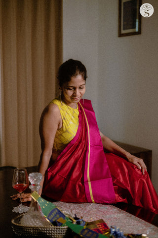 Chanderi Silk - Saree - Red Silk with Pink and Yellow line Satin border