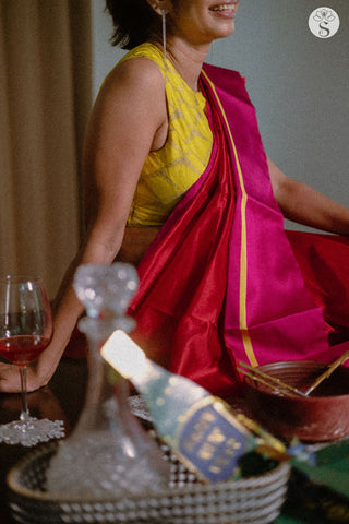 Chanderi Silk - Saree - Red Silk with Pink and Yellow line Satin border