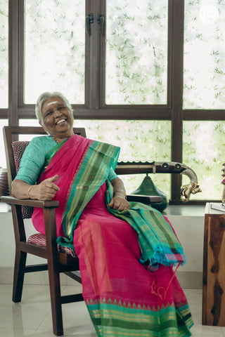 Kuttu Gadwal Saree - Cotton - Pink with Teal Green border