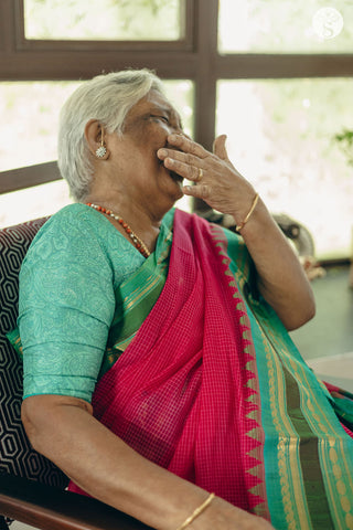Kuttu Gadwal Saree - Cotton - Pink with Teal Green border