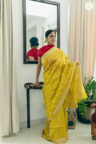 Chanderi Silk - Saree - Yellow with Gold Jalli design and Small Red Floral motifs