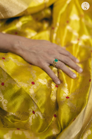 Chanderi Silk - Saree - Yellow with Gold Jalli design and Small Red Floral motifs