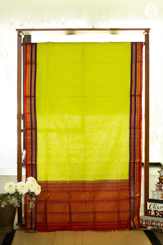 Kuttu Gadwal Saree - Cotton - Light Green with a dual tone Purple and Red pattu border