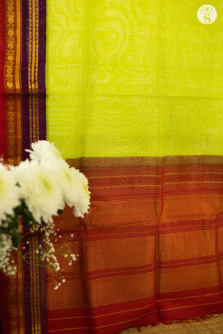 Kuttu Gadwal Saree - Cotton - Light Green with a dual tone Purple and Red pattu border