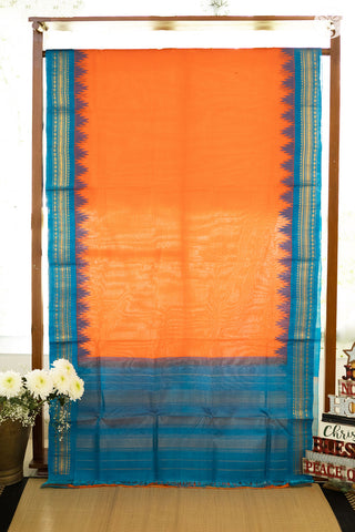 Kuttu Gadwal Saree - Cotton - Orange with Turqoise Blue pattu border