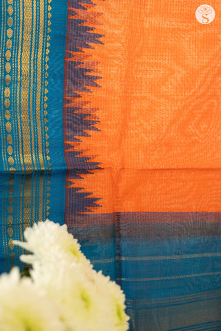 Kuttu Gadwal Saree - Cotton - Orange with Turqoise Blue pattu border
