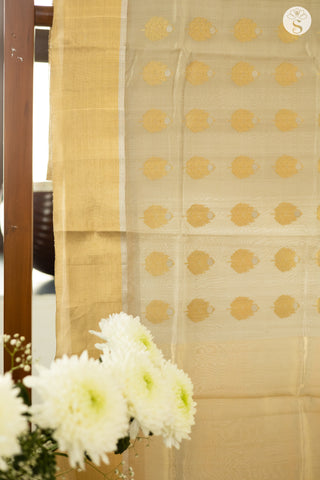 Chanderi Silk - Saree - Light Tan with leaf motifs and broad zari border