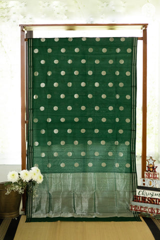 Chanderi Silk Cotton - Bottle Green with Big Polka Dots
