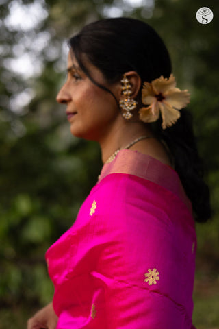 Chanderi Silk - Saree - Rani Pink with Gold Flower Motifs