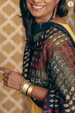 Jamdani - Dupatta - Dark Blue with Multi Jamdani Motif Patches