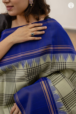 Silk - Elachi Green with Black Checks and Purple Korvai Border