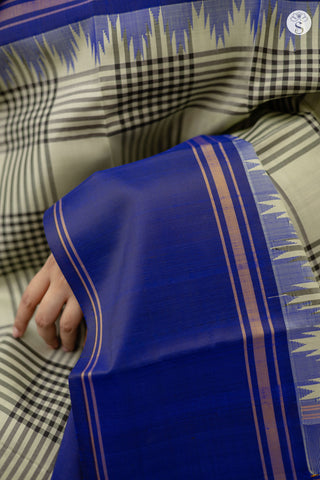 Silk - Elachi Green with Black Checks and Purple Korvai Border