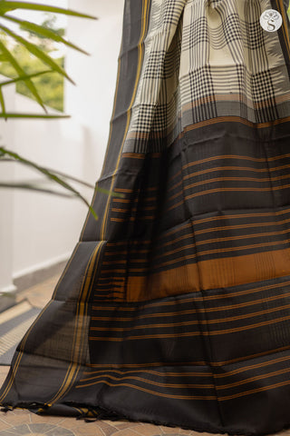 Silk - White Saree with Black Checks and Black Korvai Border