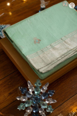 Chanderi Silk Cotton - Pastel Sea Green with Silver motifs