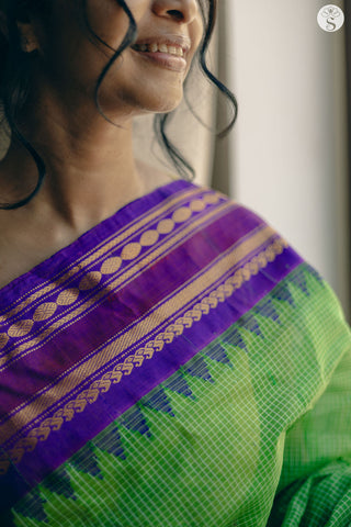 Kuttu Gadwal Saree - Cotton - Parrot Green with Purple pattu border