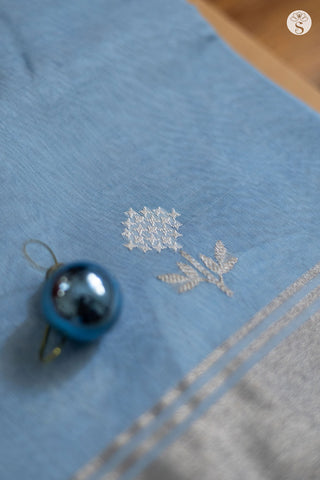Chanderi Silk Cotton - Sky Blue with White Floral motifs