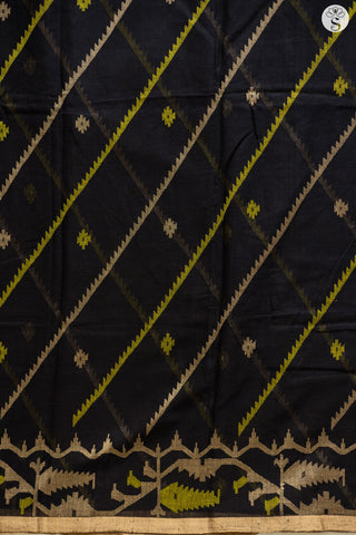 Bengal Cotton - Black with Green & Beige Lines with Butta Jamdani