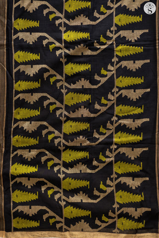 Bengal Cotton - Black with Green & Beige Lines with Butta Jamdani