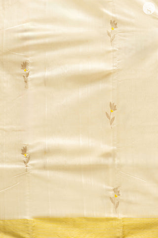 Chanderi Silk Cotton - White with Yellow & Silver border and Floral Motif