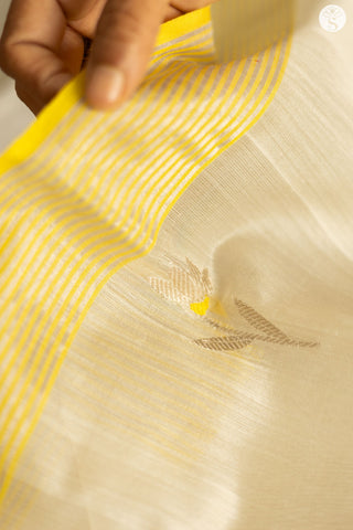 Chanderi Silk Cotton - White with Yellow & Silver border and Floral Motif