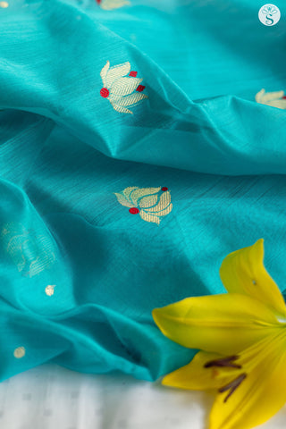 Chanderi Silk Cotton - Copper Sulphate Blue with Gold Lotus motif