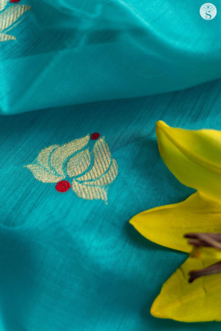 Chanderi Silk Cotton - Copper Sulphate Blue with Gold Lotus motif