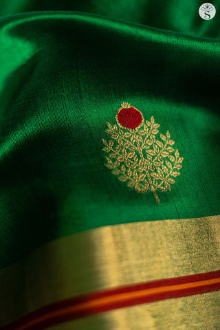 Chanderi Silk - Bottle Green with Gold Foliage motifs