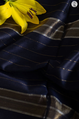 Maheshwari Silk Cotton -Black with zari horizontal lines with Floral border