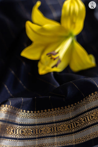 Maheshwari Silk Cotton -Black with zari horizontal lines with Floral border