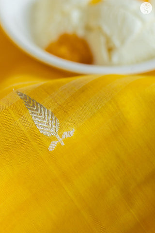 Chanderi Silk Cotton - Light Yellow with Dark Yellow Horizontal stripes with Silver motifs