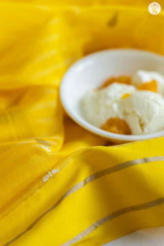 Chanderi Silk Cotton - Light Yellow with Dark Yellow Horizontal stripes with Silver motifs