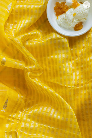Chanderi Silk Cotton - Light Yellow with Dark Yellow Horizontal stripes with Silver motifs