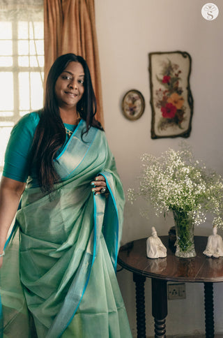 Maheshwari Silk Cotton - Pastel Blue with Broad Sky Blue Zari border